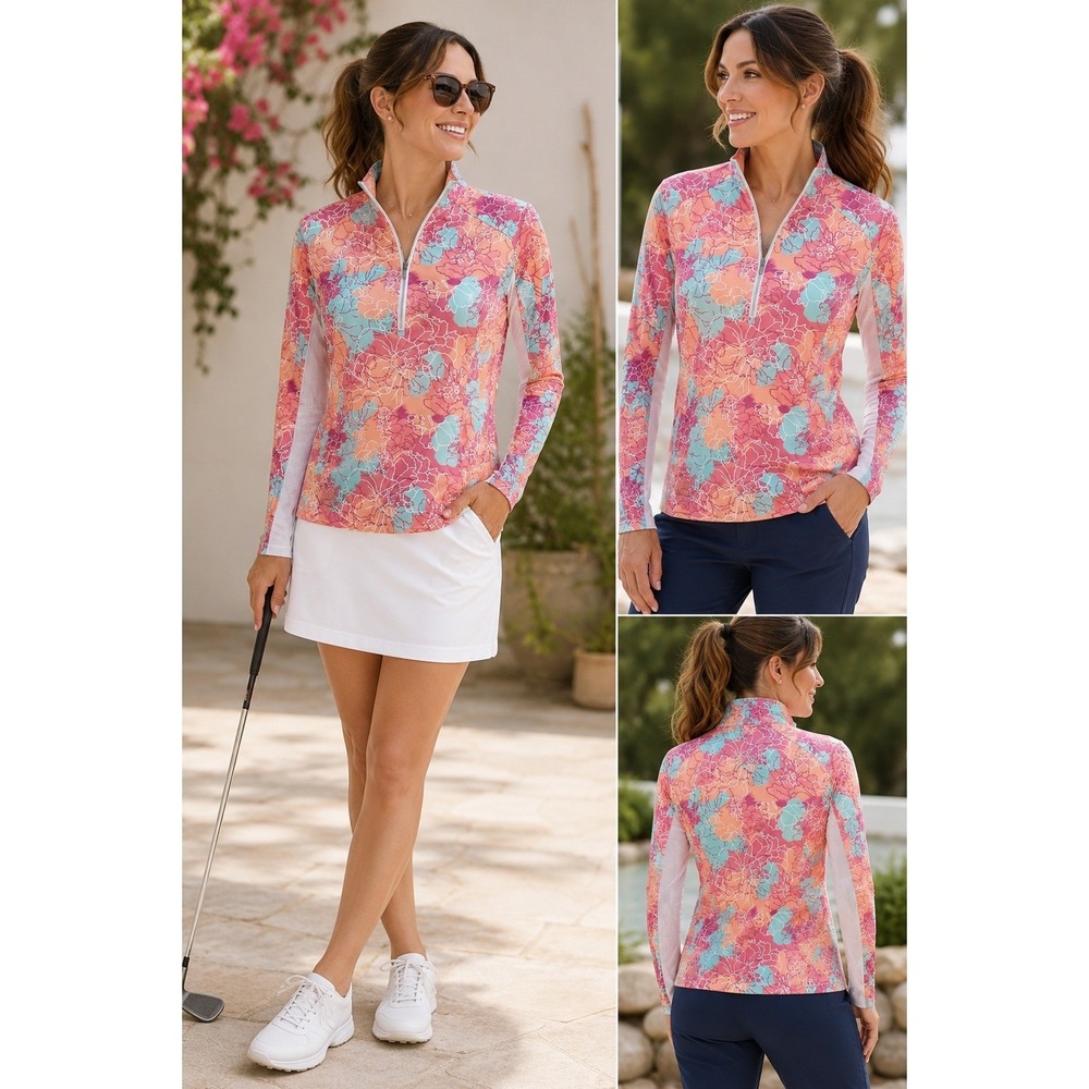 Pebble Beach Women's Polo Shirt Medium Dry Luxe Performance Pink Floral (17)